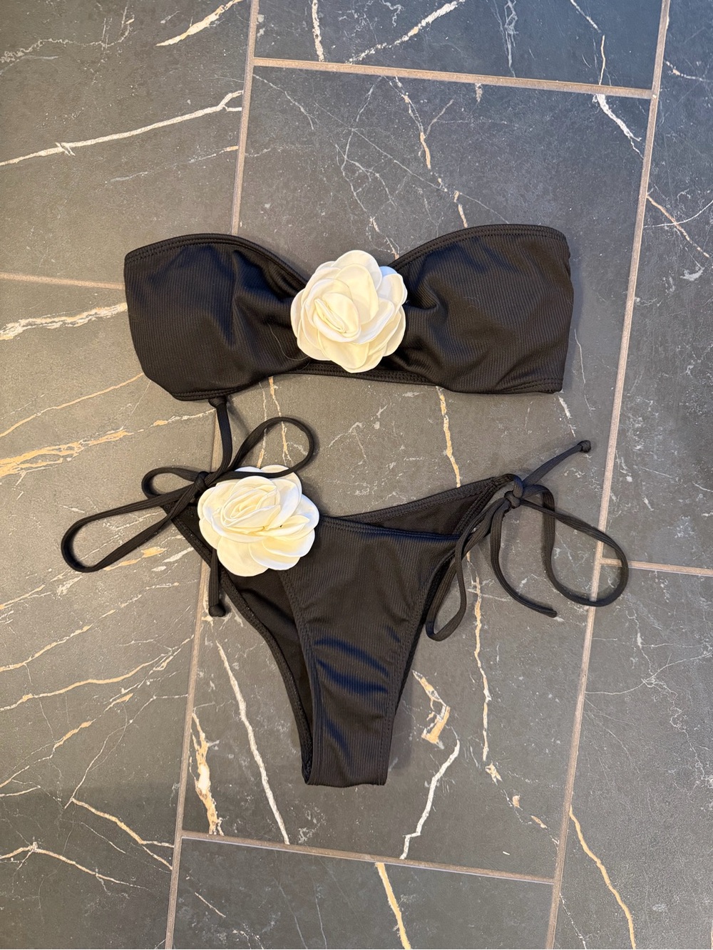 Bikini Set - Black with Ivory florals